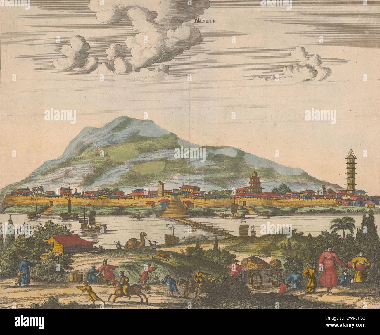 Vista della città cinese di Nanchino, Lankin (titolo sull'oggetto), città cinese murata vista dalla riva opposta del fiume. Figure in primo piano e navi cinesi a vela sul fiume. La correzione N è stata posta in calligrafia sulla L stampata del titolo., tipografo: Anonimo, dopo disegno di: John Ogilby, editore: Thomas Johnson (17de eeuw), editore: Londra, editore: Amsterdam, 1670 - 1671, carta, incisione, altezza 293 mm x larghezza 356 mm, stampa Foto Stock