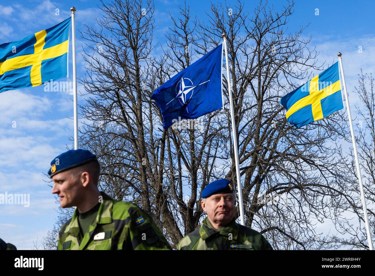 Dopo la ratifica in tutti i parlamenti dei paesi membri, la Svezia è ora uno dei 32 membri dell'alleanza militare NATO. Lunedì si è tenuta una cerimonia presso la base aerea di Malmen, "Linköpings garnison”, per segnare l'ingresso della Svezia nella NATO. Per la prima volta dal 1814, la Svezia fa parte di un'alleanza militare. Foto Stock