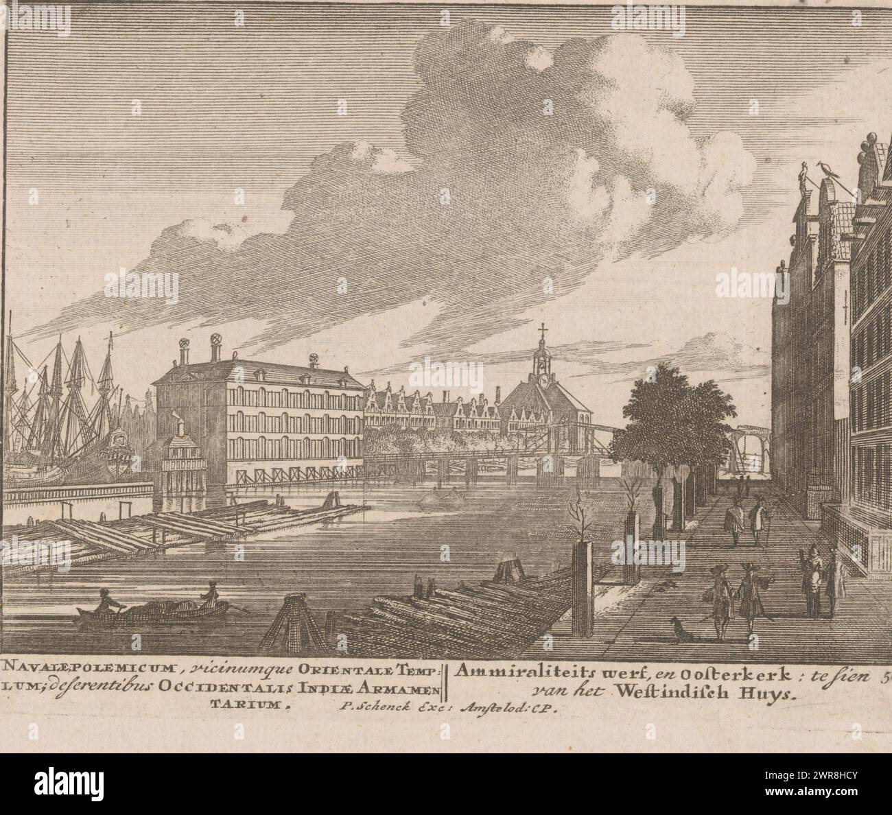 Vista delle Terre Zeemagazijn (magazzino dell'Ammiragliato), del Molo dell'Ammiragliato e dell'Oosterkerk ad Amsterdam, Navale Polemicum, vicinumque Orientale Templum; deferentibus Occidentalis Indiae Armamentarium / Admiralty Wharf e Oosterkerk: veduta del Westindisch Huys (titolo sull'oggetto), veduta delle terre del Zeemagazijn, il Molo dell'Ammiragliato e l'Oosterkerk dal Westindisch Huis., stampatore: Pieter Schenk (i), Amsterdam, 1670 - 1711, carta, incisione, altezza 130 mm x larghezza 168 mm, stampa Foto Stock