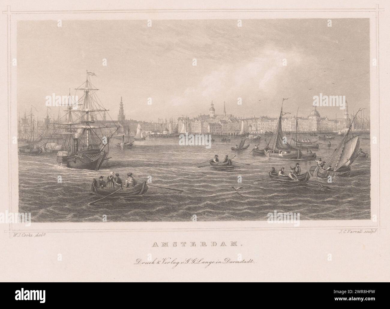 Vista di Amsterdam dall'IJ, Amsterdam (titolo sull'oggetto), stampatore: John Charles Varrall, dopo disegno di: William John Cooke, editore: Gustav Georg Lange, editore: Darmstadt, editore: Gouda, 1855, carta, incisione in acciaio, altezza 161 mm x larghezza 255 mm, stampa Foto Stock