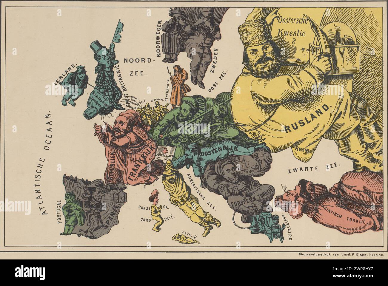 Mappa umoristica di Europa 1870 (titolo sull'oggetto), Cartoon con la mappa dell'Europa rappresentata dalla situazione politica dell'anno 1870. I paesi sono mostrati come persone e/o animali. Con una spiegazione a sette righe sotto le prestazioni., stampatore: Emrik & Binger, Haarlem, 1870, carta, altezza 402 mm x larghezza 535 mm, stampa Foto Stock