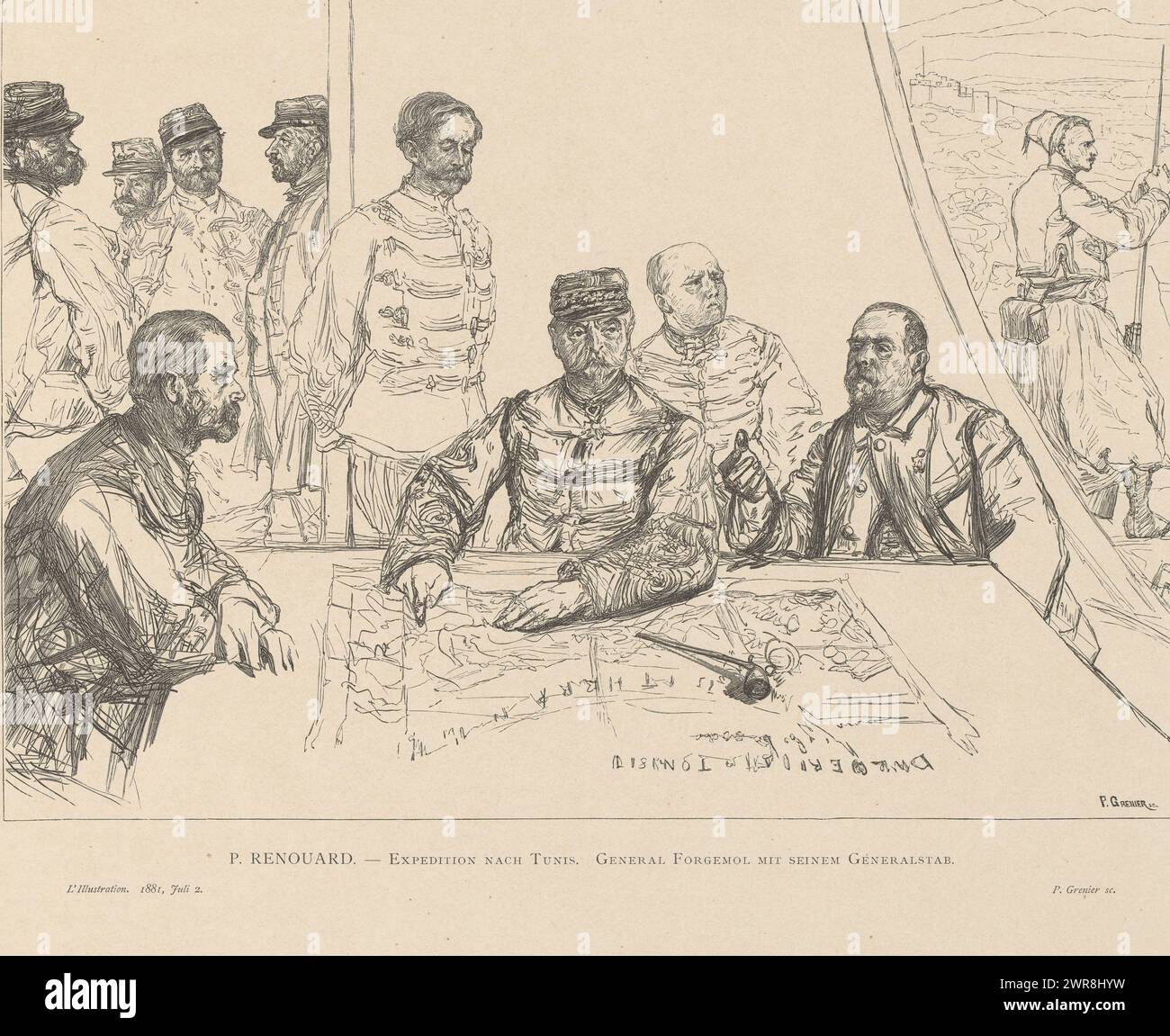 Spedizione militare in Tunisia sotto il generale Forgemol, 1881, spedizione nach Tunisi. Generale Forgemol mit seinem Generalstab (titolo oggetto), spedizione militare francese in Tunisia sotto il comando del generale Léonard-Léopold Forgemol de Bostquénard, 1881. Deliberazioni in una tenda tra il personale militare., stampatore: P. Grenier, su disegno di: Paul Renouard (1845-1924), Francia, 2-lug-1881, carta, incisione legno, altezza 315 mm x larghezza 420 mm, stampa Foto Stock