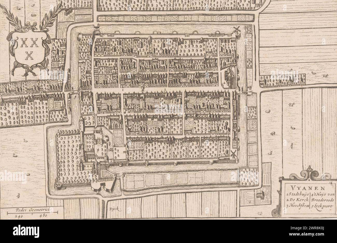 Mappa di Vianen, Vyanen (titolo sull'oggetto), stampatore: Anonimo, editore: Hendrick Hondius, (possibilmente), editore: Johannes Willemszoon Blaeu, (possibilmente), Amsterdam, 1632 - 1652, paper, incisione, altezza 149 mm x larghezza 226 mm, stampa Foto Stock