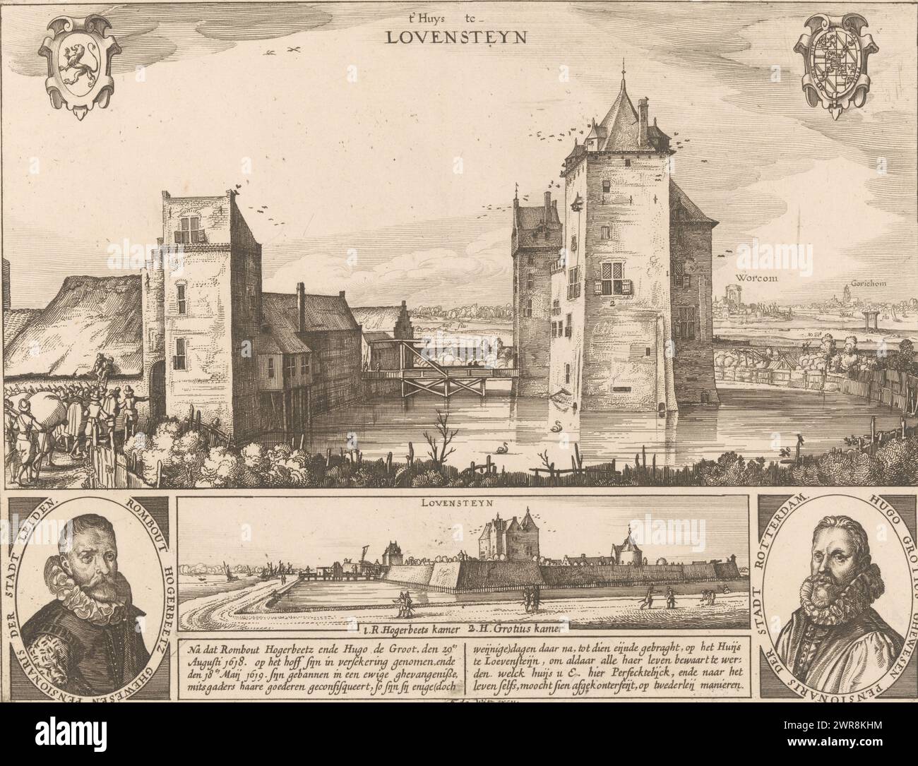 Slot Loevestein dove Rombout Hogerbeets e Hugo Grotius furono imprigionati, 1619, t'Huys a Lovensteyn (titolo sull'oggetto), View of slot Loevestein. Rombout Hogerbeets e Hugo Grotius furono entrambi condannati all'ergastolo nel castello il 18 maggio 1619. In alto a sinistra lo stemma dell'Olanda, in alto a destra quello di Maurizio d'Orange. A sinistra l'arrivo dei prigionieri accompagnati da soldati. In lontananza le città di Woudrichem e Gorinchem. In fondo due ritratti dei detenuti e una seconda vista di Loevestein con una breve descrizione dell'evento. Foto Stock