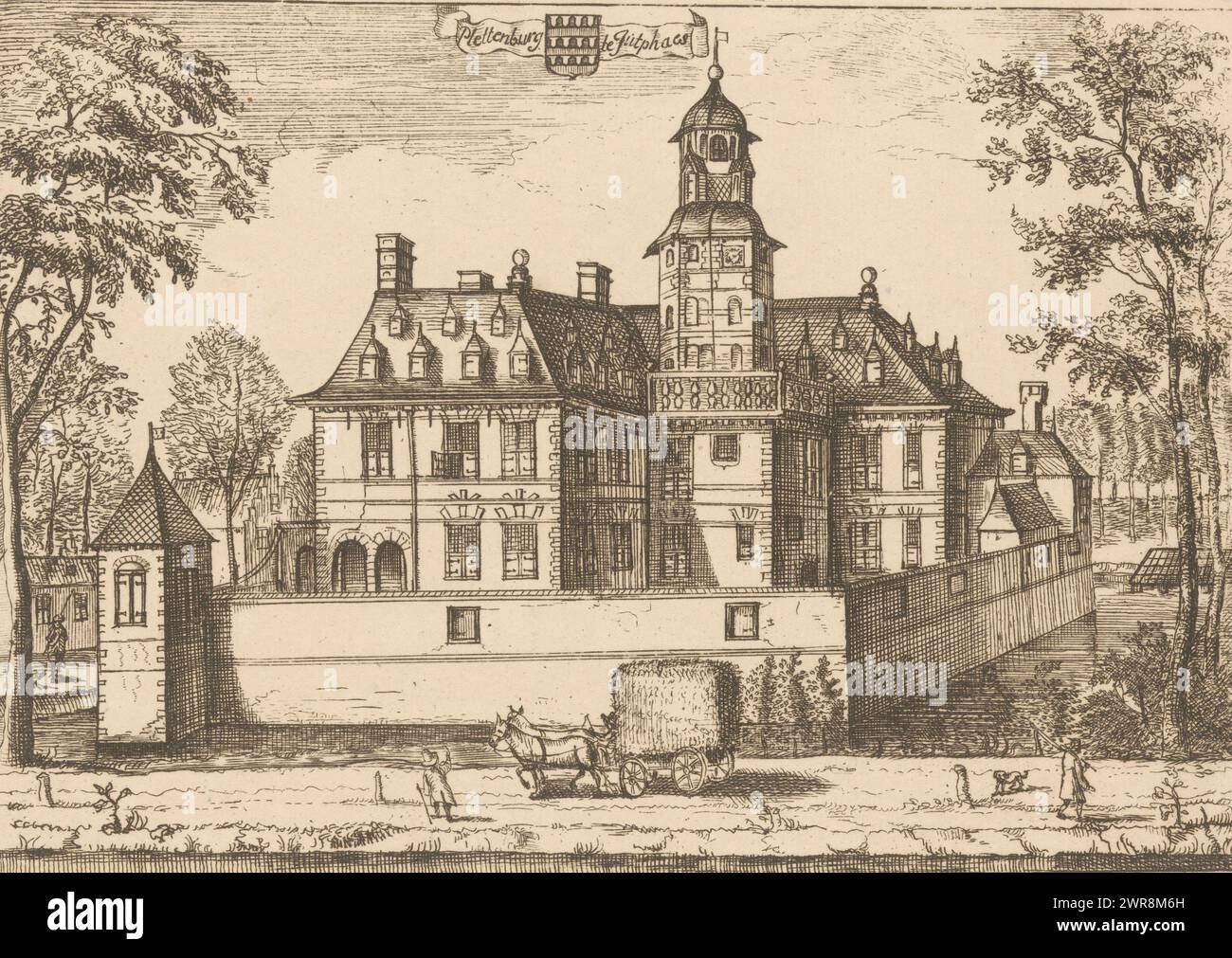 Vista del castello di Plettenburg vicino a Jutphaas, Plettenburg nello Jutphaes (titolo sull'oggetto), stampatore: Anonimo, dopo disegno di: Caspar Specht, editore: Joachim Ottens, Amsterdam, dopo il 1710, carta, incisione, incisione, altezza 149 mm x larghezza 215 mm, stampa Foto Stock