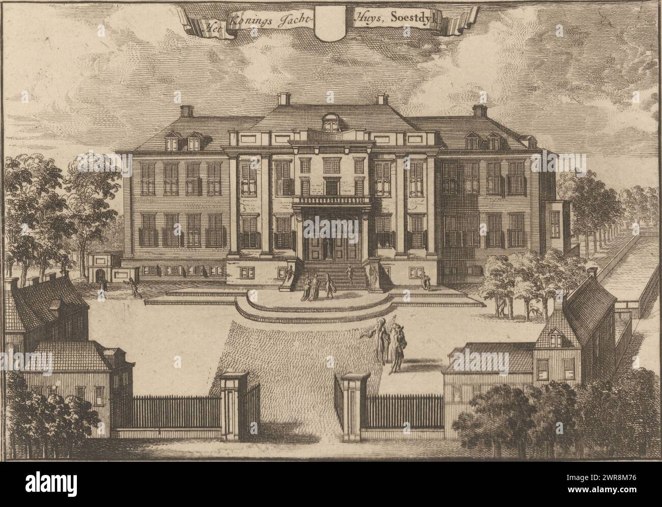 Veduta del Palazzo Soestdijk, il castello di caccia del re Soestdijk (titolo sull'oggetto), stampatore: Anonimo, dopo disegno di: Caspar Specht, editore: Joachim Ottens, Amsterdam, dopo il 1710, carta, incisione, incisione, altezza 150 mm x larghezza 214 mm, stampa Foto Stock