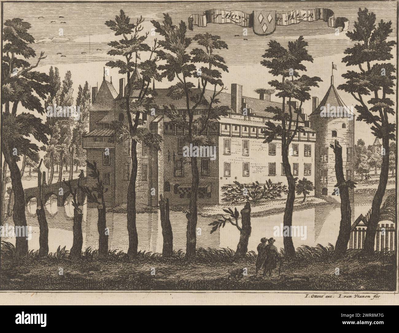 Veduta del Castello De Haar a Haarzuilens, 't Huys te Haar (titolo sull'oggetto), tipografo: Jan van Vianen, dopo disegno di: Caspar Specht, editore: Joachim Ottens, Amsterdam, dopo il 1710, carta, incisione, incisione, altezza 150 mm x larghezza 202 mm, stampa Foto Stock