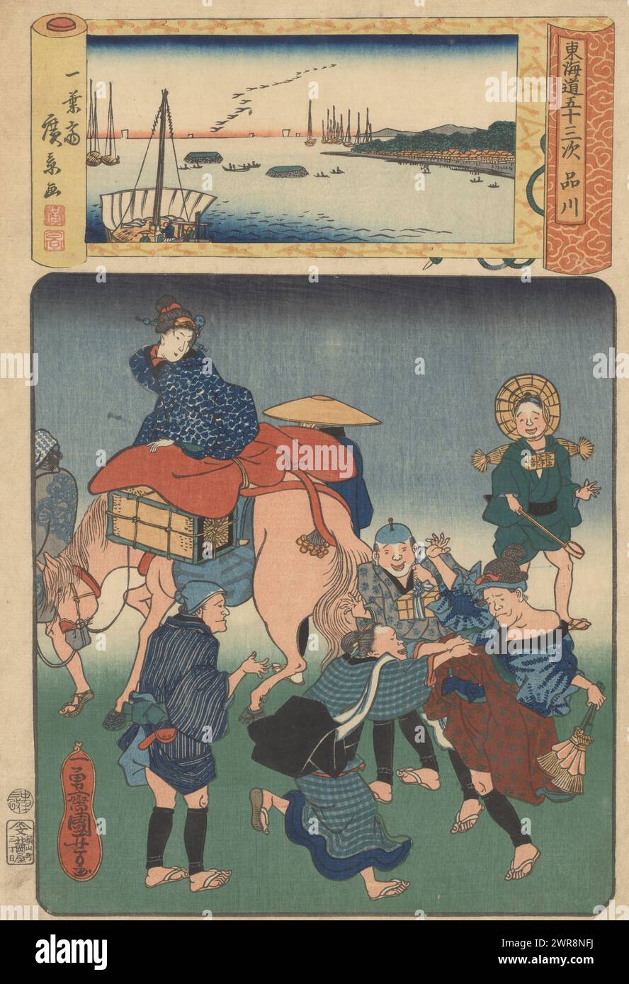 La stazione di Shinagawa (titolo sull'oggetto), le cinquantatré stazioni della strada di Tokaido (titolo della serie sull'oggetto), Una donna, seduta in alto su un cavallo, guarda indietro ai viaggiatori a piedi che vengono molestati da una signora di facile virtù . Con grande allegria, la donna tira giù il kimono di un viaggiatore. Nel cartiglio in cima una vista mare con barche (Shinagawa)., stampatore: Utagawa Kuniyoshi, editore: Tsujiokaya Bunsuke, Giappone, Mar-1860, carta, xilografia a colori, altezza 370 mm x larghezza 250 mm, stampa Foto Stock