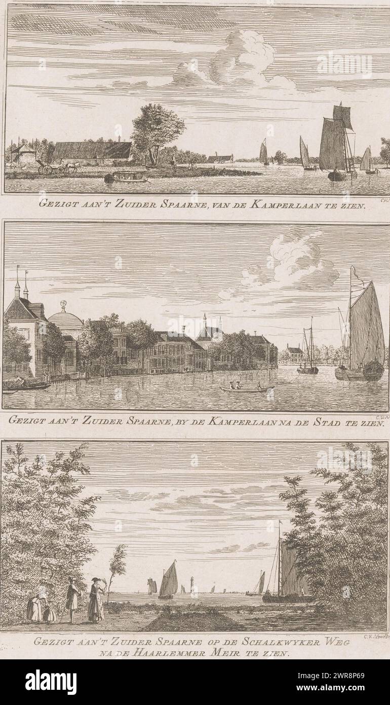 Vista della Zuider Spaarne, vista della 't Zuider Spaarne, vista dalla Kamperlaan / Vista della 't Zuider Spaarne, vista dalla Kamperlaan dopo la città / Vista della 't Zuider Spaarne sullo Schalkwyker Weg dopo l'Haarlemmer Meir nella SEE (titolo sull'oggetto), volti nel divertente landsdouwen di Haarlem (titolo della serie), tre spettacoli. Sopra: Vista dello Zuider Spaarne dal Kamperlaan. Centro: Vista della Zuider Spaarne dal Kamperlaan verso la città. In basso: Vista della Zuider Spaarne dallo Schalkwijkerweg., stampatore: Cornelis van Noorde Foto Stock