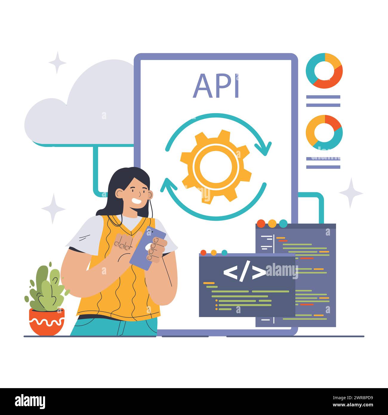 Concetto di tecnologia API in cui uno sviluppatore si impegna con interfacce di programmazione delle applicazioni, simboleggiando l'integrazione software semplificata. Illustrazione vettoriale piatta Illustrazione Vettoriale