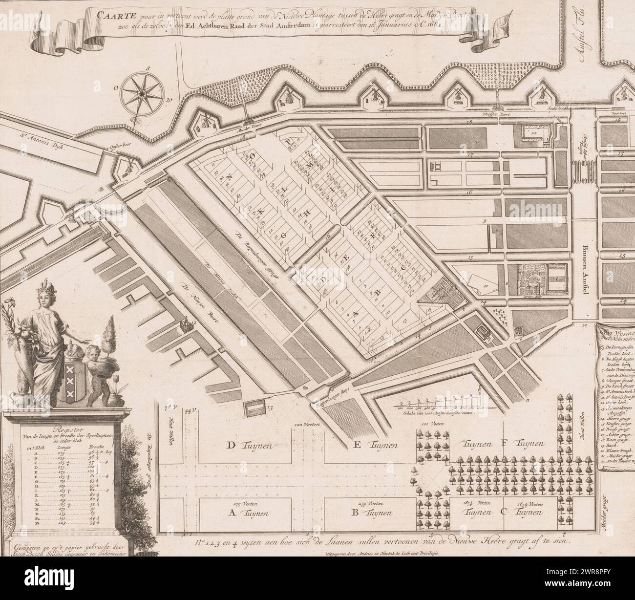 Mappa con disegno per la Nieuwe Plantage di Amsterdam, che mostra il piano della Nieuwe Plantage tra la Heere Gragt e la Muider Poort; proprio come quella di ed. Onorevole Consiglio della città di Amsterdam è stato arrestato il 16 gennaio. 1682 (titolo sull'oggetto), stampatore: Bastiaen Stopendael, su disegno di: Jacob Bosch (metano), Jacob Bosch (metano), Amsterdam, 1725 - 1731, carta, incisione, incisione, altezza 351 mm x larghezza 400 mm, stampa Foto Stock