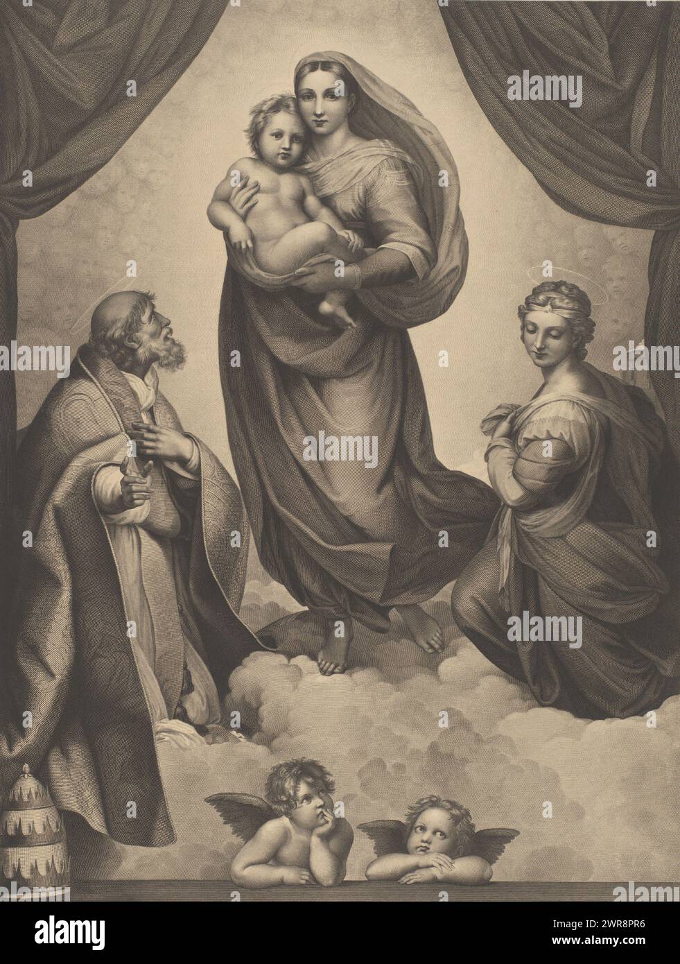 Maria col bambino con Santi Sisto e Santa Barbara, Madonna Sistina, stamperia: Anonimo, dopo la pittura di: Rafaël, stamperia: Germania, (possibilmente), dopo la pittura di: Piacenza, c. 1800 - 1899, carta, incisione, altezza 543 mm x larghezza 430 mm, stampa Foto Stock