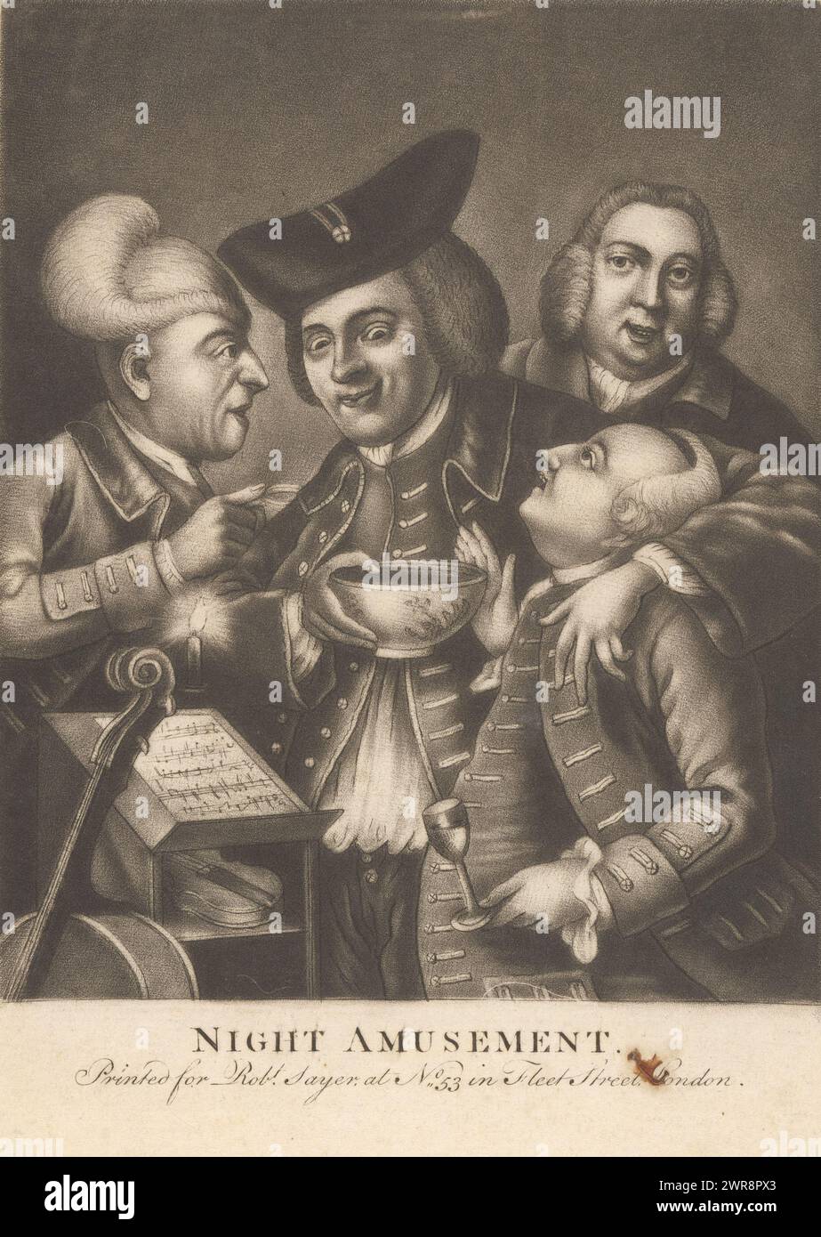 Quattro uomini beventi accanto a uno stand con spartiti musicali, Night Amusement (titolo su oggetto), print maker: Anonymous, after design by: William Hogarth, (possibilmente), editore: Robert Sayer, print maker: England, after design by: England, publisher: London, 1734 - 1794, paper, etching, altezza 152 mm x larghezza 113 mm, stampa Foto Stock