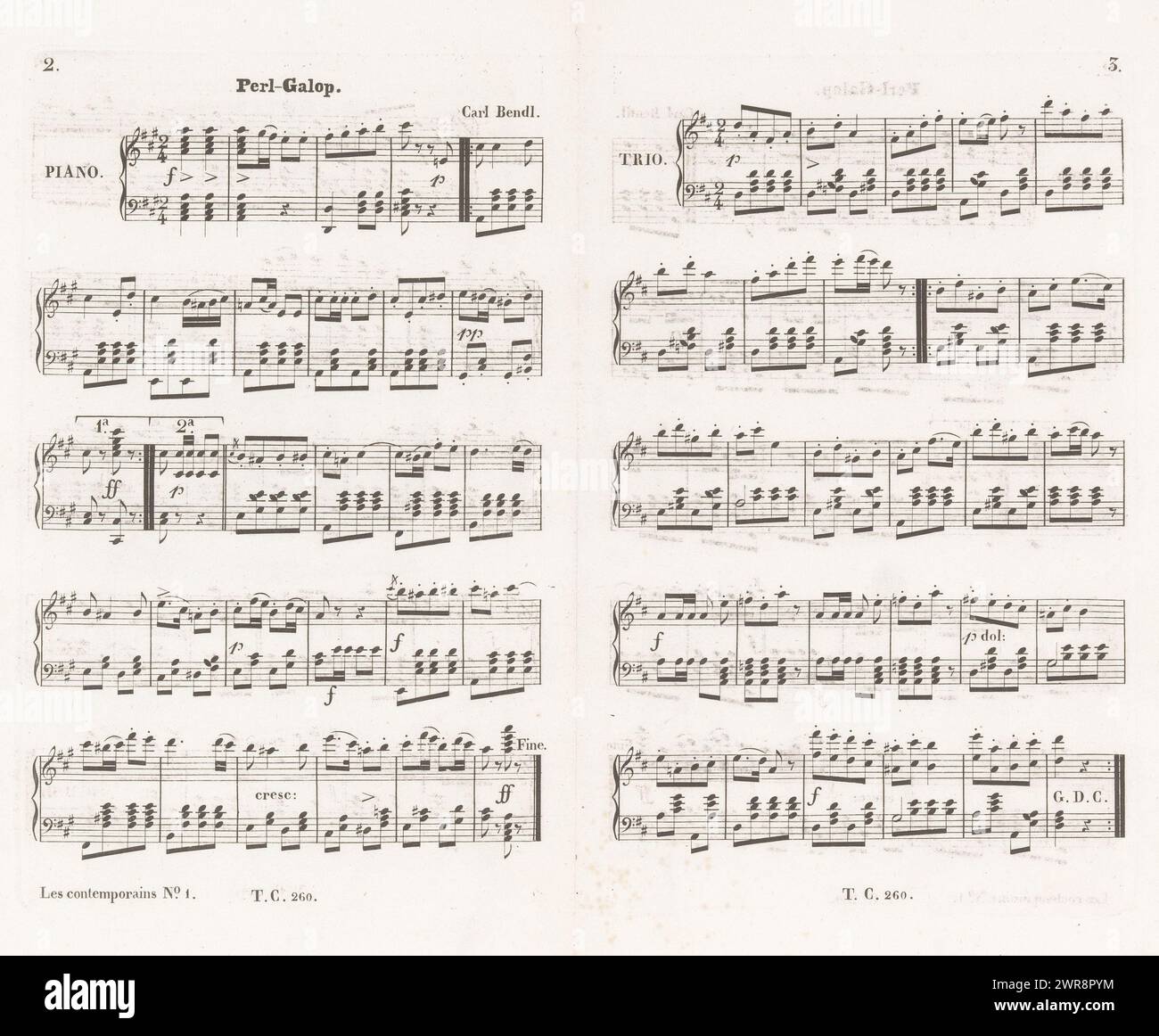 Spartiti, Perl-Galop (titolo sull'oggetto), musica per pianoforte di Theune & Comp. (Titolo della collana), Les Contemporains, petit morceaux favoris (titolo della collana), numerato in alto a sinistra: 2.; in alto a destra: 3., stampatore: Charles Binger, (possibilmente), editore: Theune & Com., stampatore: Paesi Bassi, editore: Amsterdam, 1849 - 1873, paper, incisione, altezza 216 mm x larghezza 280 mm, larghezza 354 mm, stampa Foto Stock