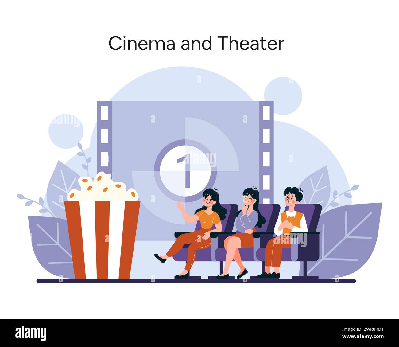 Cinema e teatro. Appassionati immersi nella magia del cinema e delle prestazioni, condividendo un momento di incanto collettivo nella tenue luce del grande schermo. Illustrazione vettoriale Illustrazione Vettoriale