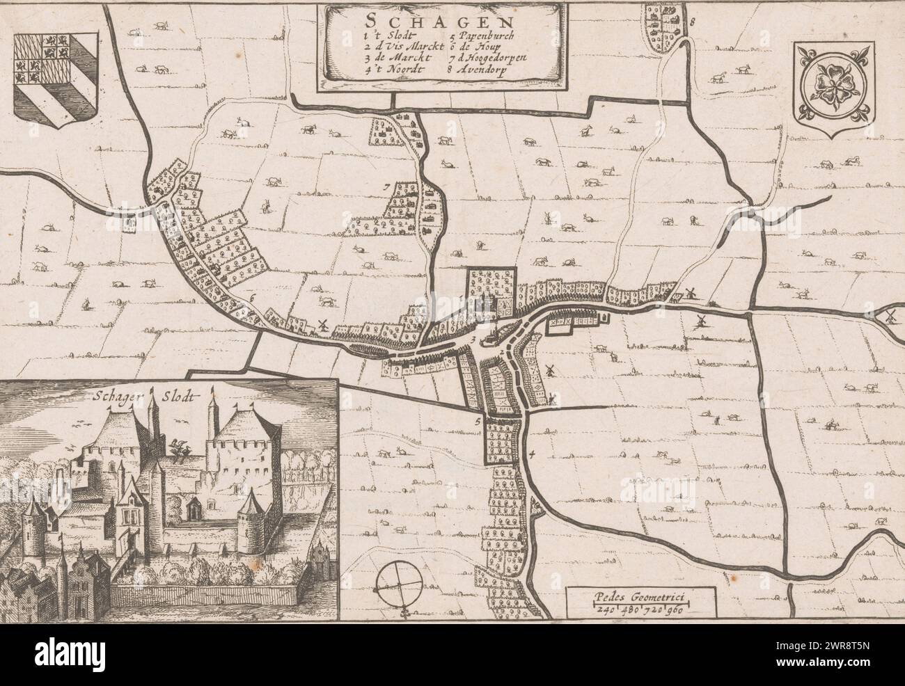 Mappa di Schagen, Schagen (titolo sull'oggetto), stampatore: Anonimo, editore: Johannes Willemszoon Blaeu, 1649 - 1652, carta, incisione, altezza 156 mm x larghezza 231 mm, stampa Foto Stock