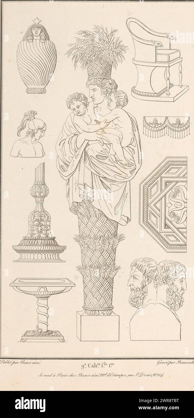 Ornamenti vari, stampe ornamentali con oggetti vari, un'immagine centrale di Cerere con due figli. Parte (9e. CAH. f.le 1) dell'album stampato con due serie di 138 stampe ornamentali di Beauvallet e Normand, 'Fragmens d'Ornemens dans le Style Antique'., stampatore: Pierre-Nicolas Beauvallet, editore: Jacques-Louis Bance, Parigi, 1820, carta, incisione Foto Stock