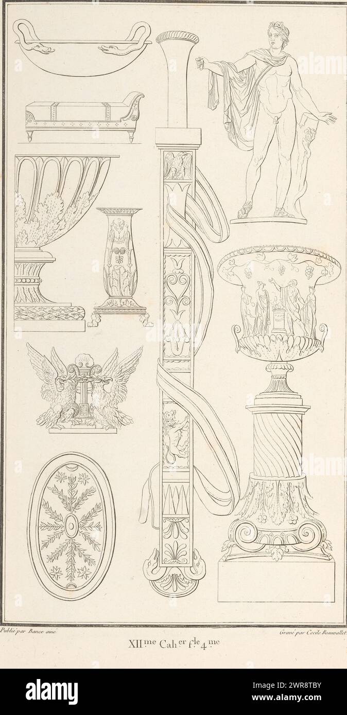 Ornamenti vari, stampa ornamenti con una spada centrale in un cordone. Parte (XII. CAH. f.le 4) dell'album stampato con due serie di 138 stampe ornamentali di Beauvallet e Normand, 'Fragmens d'Ornemens dans le Style Antique'., print maker: Cécile Beauvallet, editore: Jacques-Louis Bance, Parigi, 1820, paper, incisione Foto Stock