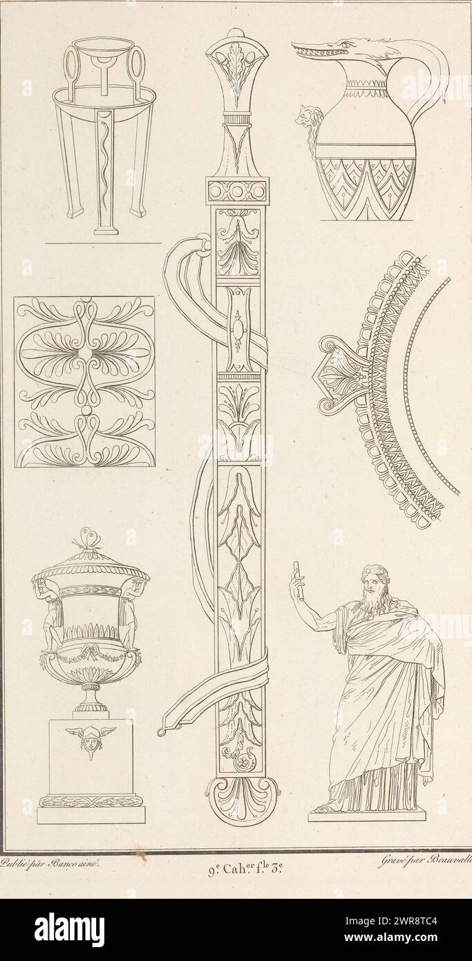 Ornamenti vari, stampe ornamentali con vari ornamenti. Parte (9e. CAH. f.le 3) dell'album stampato con due serie di 138 stampe ornamentali di Beauvallet e Normand, 'Fragmens d'Ornemens dans le Style Antique'., stampatore: Pierre-Nicolas Beauvallet, editore: Jacques-Louis Bance, Parigi, 1820, carta, incisione Foto Stock