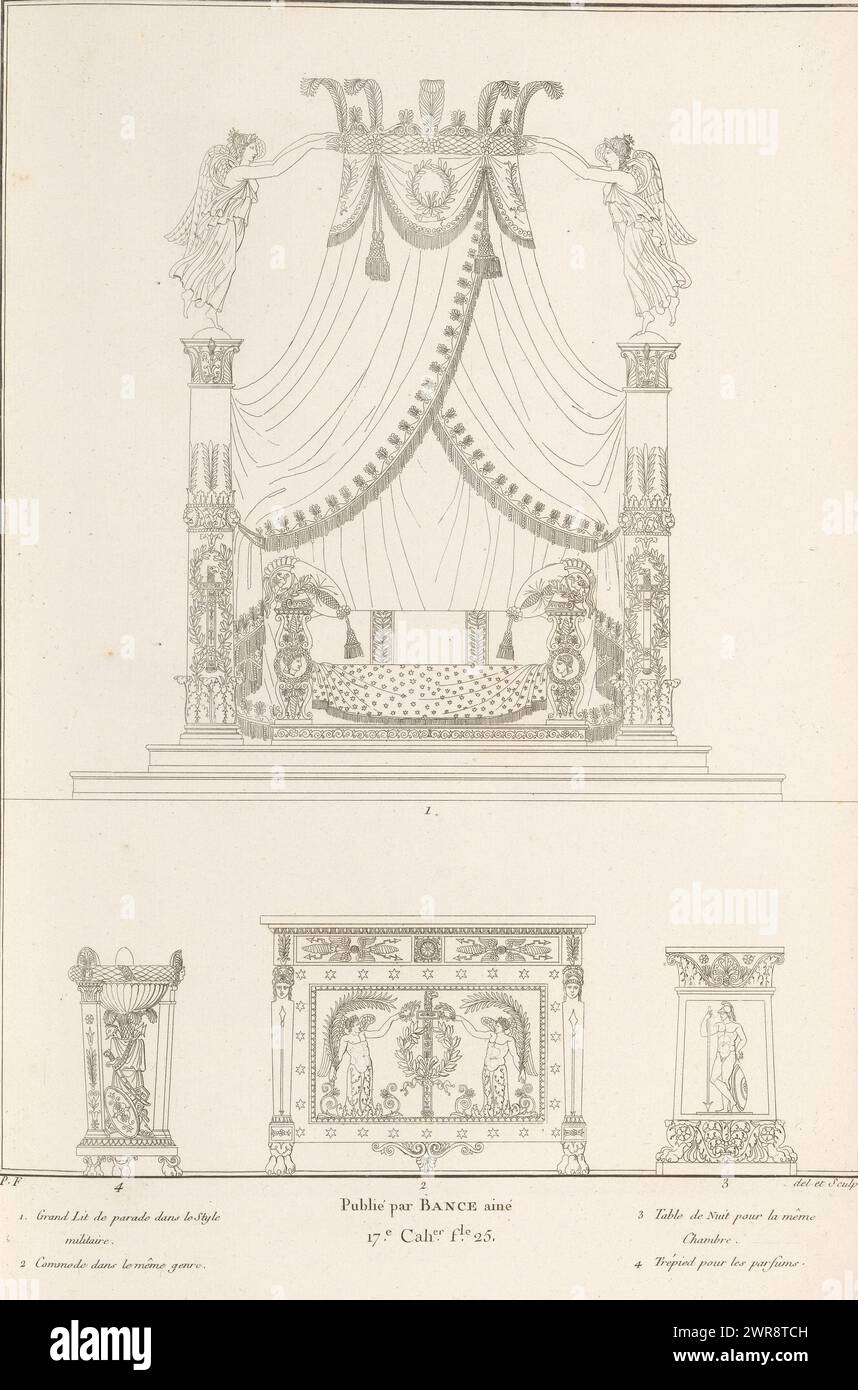 Letto a baldacchino, stampa ornamentale con letto a baldacchino e alcuni mobili da parete. Parte (17e. CAH. f.le 25) dell'album stampato con due serie di un totale di 138 stampe ornamentali di Beauvallet e Normand, 'Fragmens d'Ornemens dans le Style Antique'., print maker: Unknown, editore: Jacques-Louis Bance, Parigi, 1820, carta, incisione Foto Stock