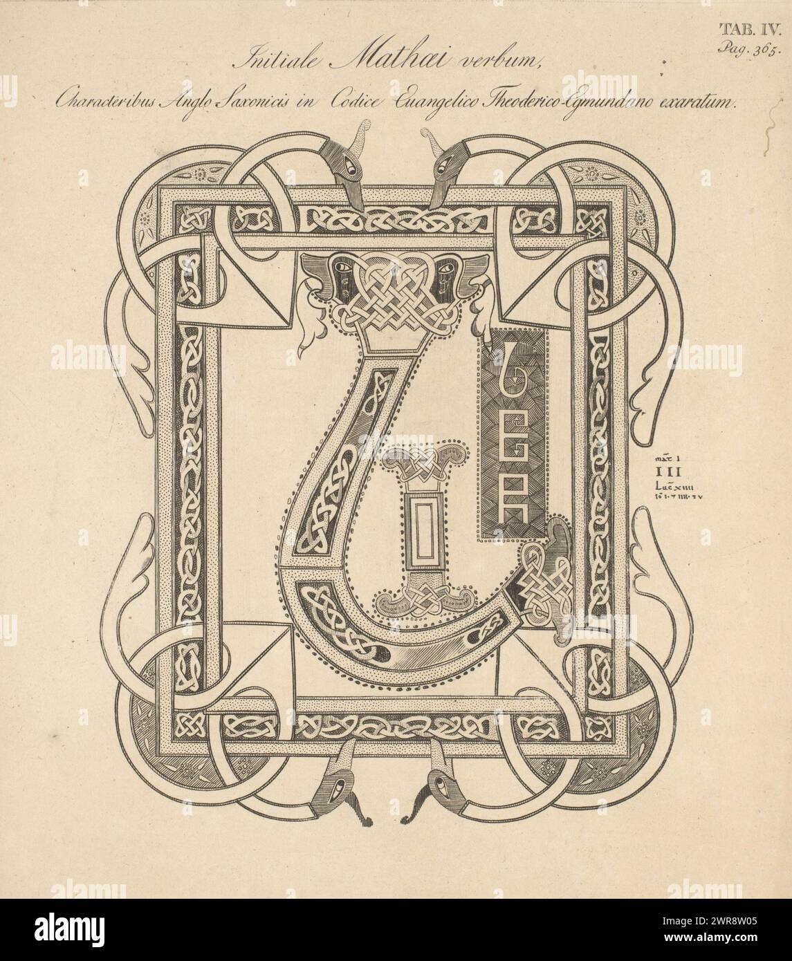 Iniziale dal Vangelo secondo Matteo in un manoscritto nell'abbazia di Egmond, iniziale Mathaei verbum, characteribus Anglo-Saxonicis in codice evangelico Theoderico-Egmundano exaratum (titolo sull'oggetto), stampatore: Christian Anthony Lotter, editore: Johannes Allart, Amsterdam, 1812, paper, incisione, altezza 242 mm x larghezza 212 mm, stampa Foto Stock