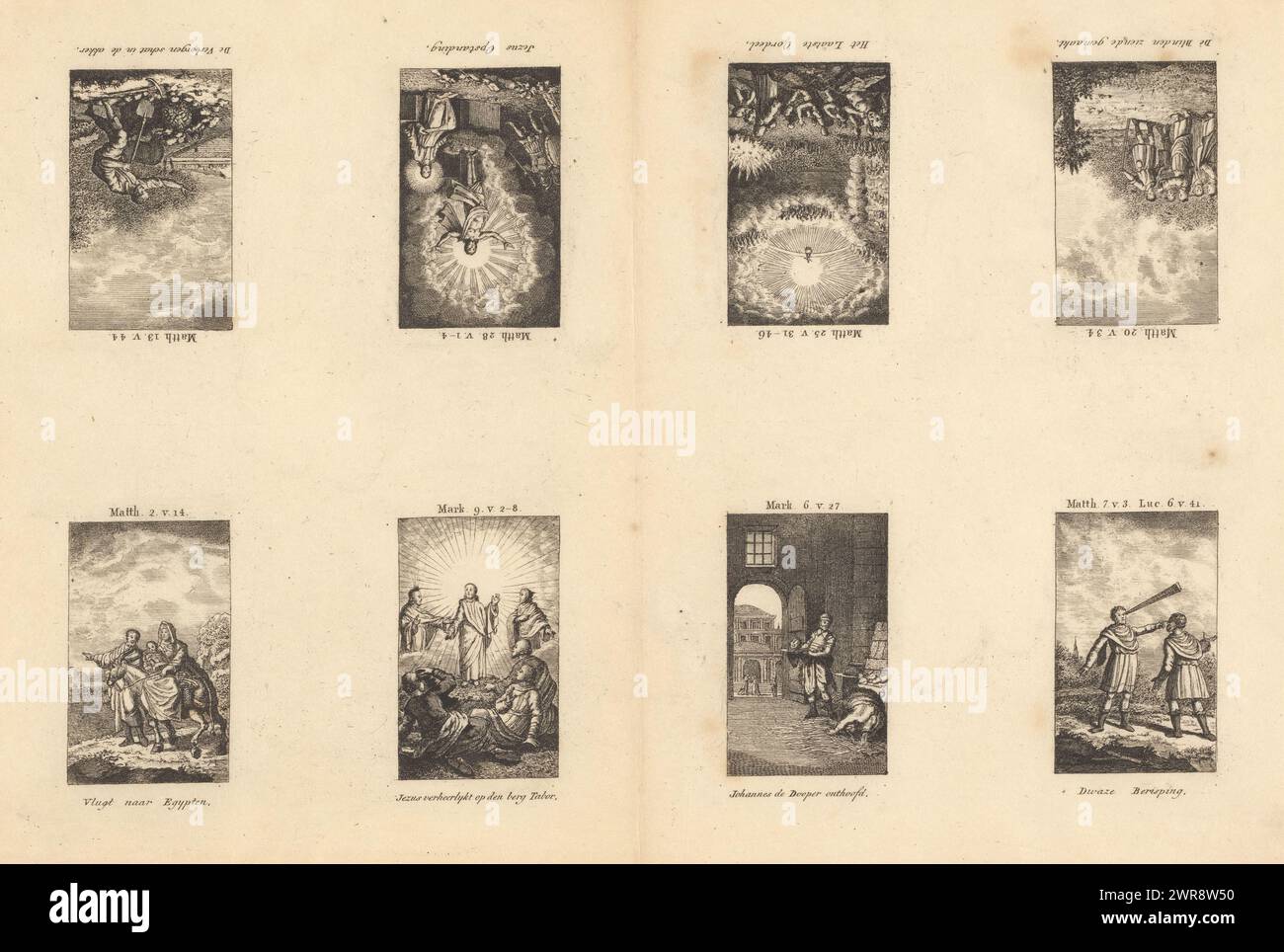 Otto scene del Vangelo secondo Matteo, in fuga in Egitto / Gesù glorificato sul Monte Tabor / Giovanni Battista decapitato / sciocco rimprovero / il cieco fatto per vedere / il giudizio universale / la Resurrezione di Gesù / il tesoro nascosto nel campo (titolo sull'oggetto), stampatore: anonimo, Paesi Bassi del Nord, 1741 - 1799, carta, incisione, altezza 249 mm, larghezza 369 mm, stampa Foto Stock