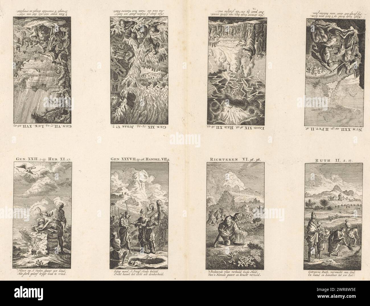 Otto rappresentazioni bibliche. Gli spettacoli hanno una didascalia olandese a due righe. Sono raffigurate le seguenti storie bibliche: Il sacrificio di Isacco; Giuseppe è venduto dai suoi fratelli agli Ishmaeliti; Gideone fugge il vello di lana; Ruth e Boaz parlano; Balaam batte il suo asino; Mosè e gli Israeliti al Sinai; distruzione di Sodoma; il diluvio., stamperia: Anonimo, Amsterdam, c. 1720 - c. 1790, carta, incisione, altezza 329 mm x larghezza 407 mm, stampa Foto Stock