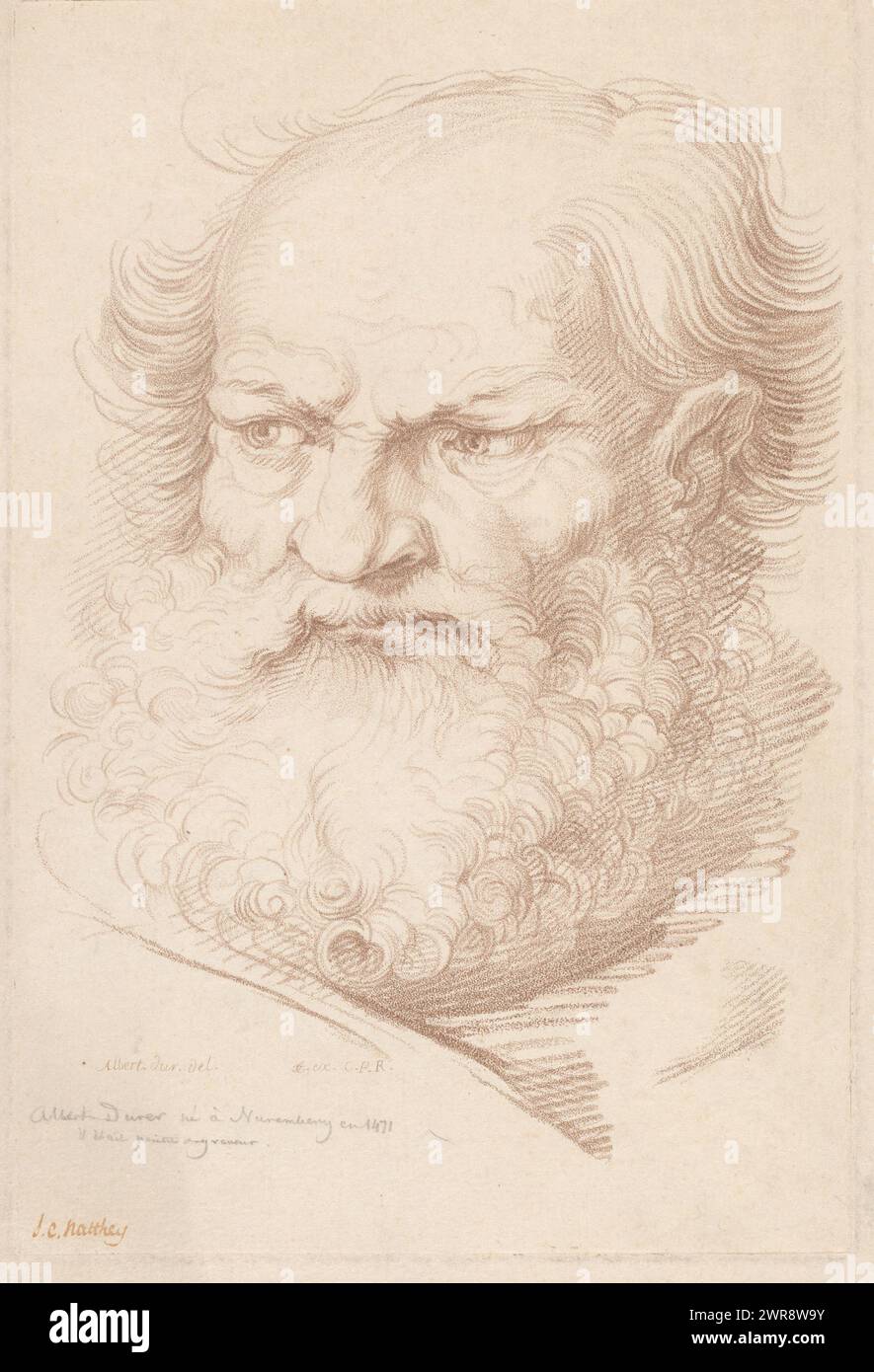 Testa di un uomo con barba riccia, in basso a destra uno schizzo della testa dell'uomo a matita., stampatore: Jean Charles Francois, dopo disegno di: Albrecht Dürer, dopo disegno di: Hans Baldung Grien, Parigi, 1757 - 1769, carta, altezza 300 mm x larghezza 202 mm, stampa Foto Stock