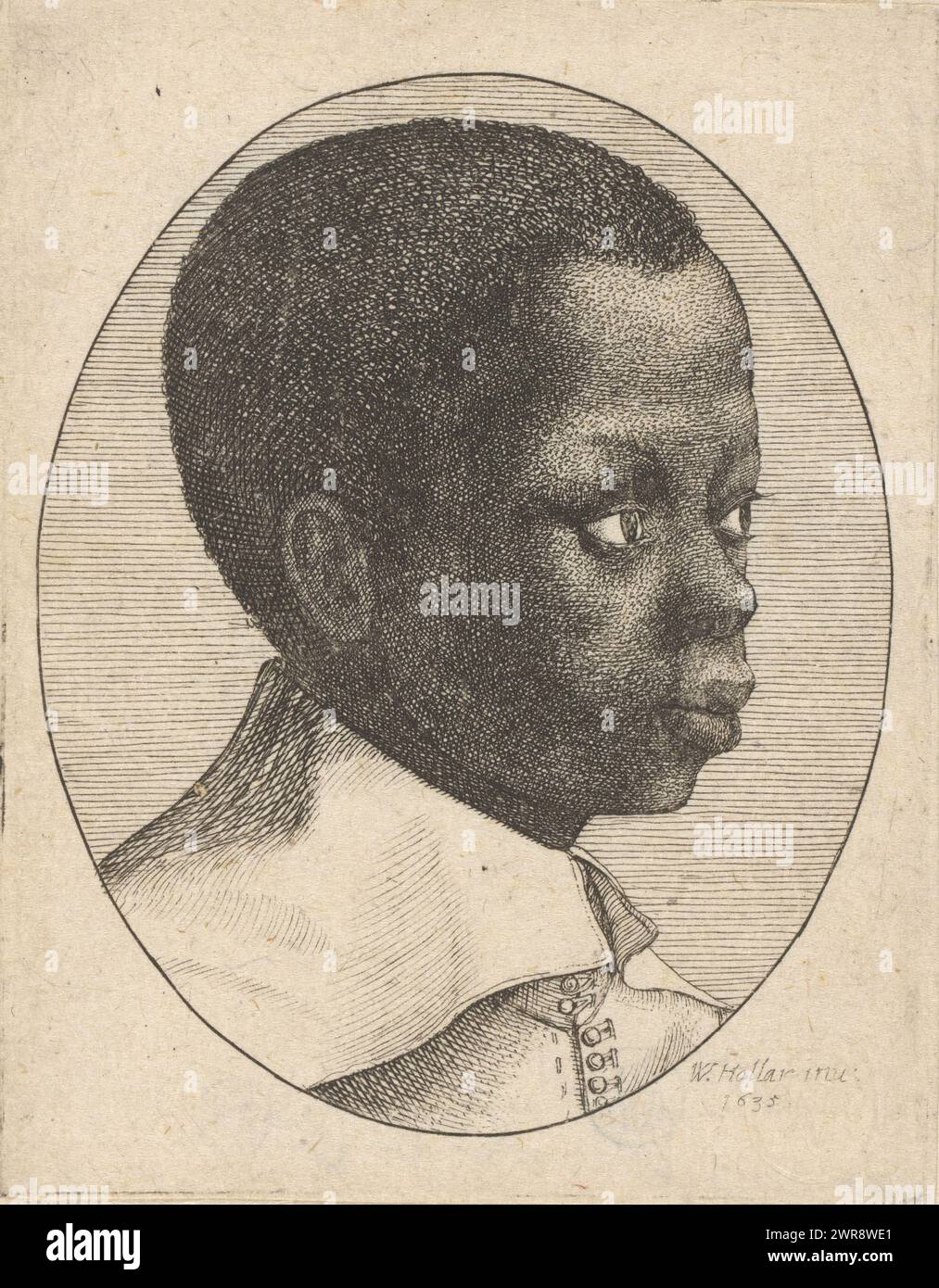 Ritratto di un ragazzo di origine africana, Ritratto di un ragazzo di origine africana, che indossa una giacca con colletto bianco., stampatore: Wenceslaus Hollar, 1635, carta, incisione, altezza 72 mm x larghezza 58 mm, stampa Foto Stock