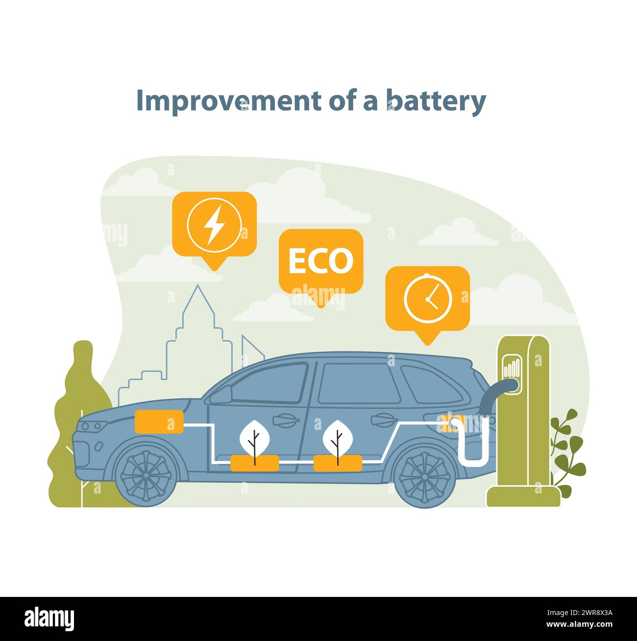 Illustrazione del miglioramento della tecnologia delle batterie. Questo vettore cattura i progressi in termini di durata della batteria dei veicoli elettrici e di eco-efficienza, con particolare attenzione all'innovazione e alla sostenibilità. Illustrazione Vettoriale