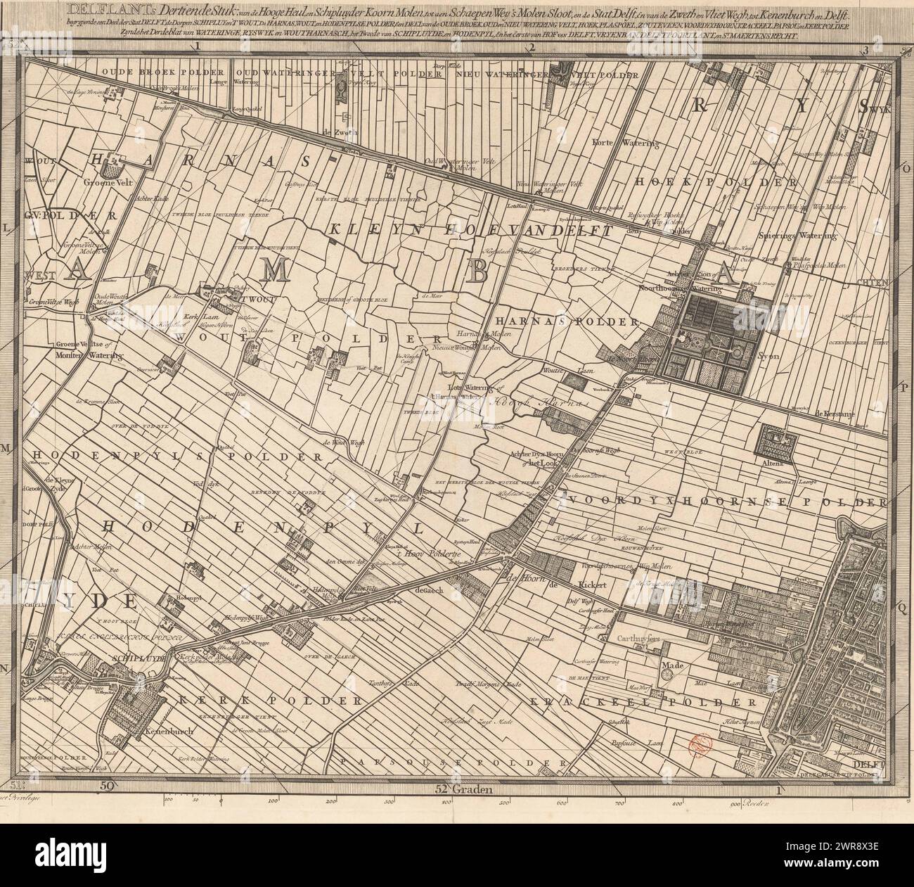 Mappa della Hoogheemraadschap van Delfland (tredicesima parte), T Hooge Heemraedschap van Delflant con tutte le città, villaggi, artigianato, campi, polder, blocchi, borghi, quartieri, fattorie, case, frutteti, tuynen, campi, luyzen, vaerten, vlieten, spiagge, dune, dike road, banchine, mulini, ponti, laghi, dobbens, corsi d'acqua, etc. ubicata lì, mappata in dettaglio nel modo seguente: MDCCXII, 'T Hooge Heemraedschap van Delflant, tredicesima parte di una cartina del Delfland Water Board composta da venticinque da condividere., stamperia : Luggert van Anse Foto Stock