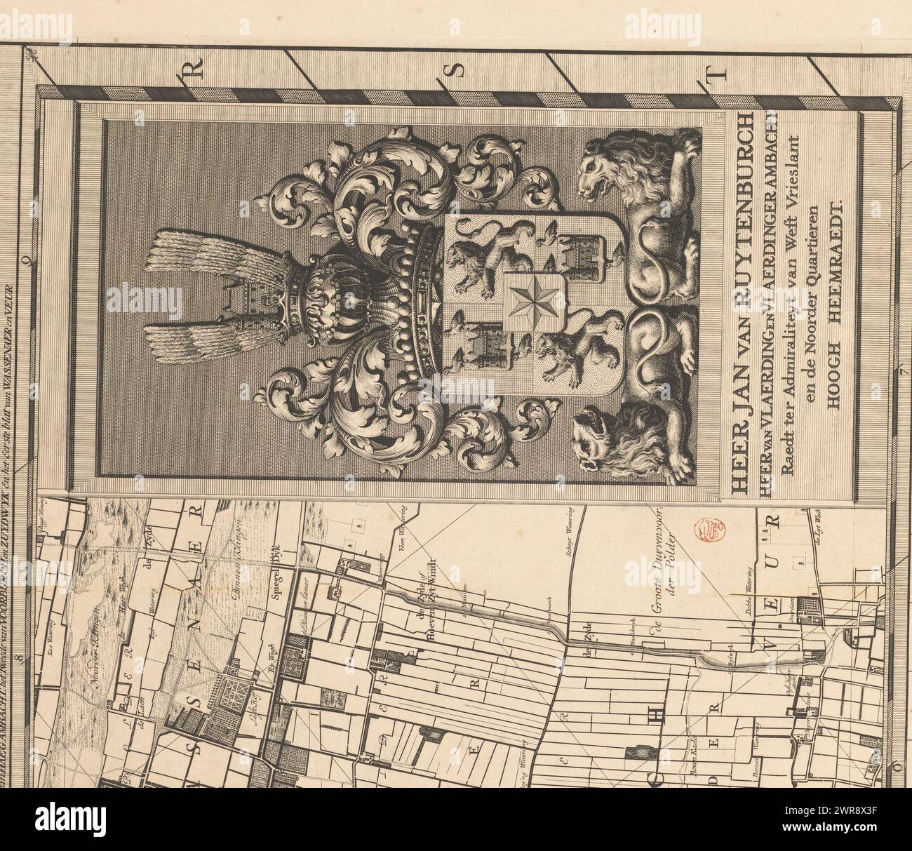 Mappa del Delfland Water Board (decima parte), T Hooge Heemraedschap di Delflant con tutte le città, villaggi, artigianato, litmaten, polder, blocchi, borghi, quartieri, fattorie, case, frutteti, tuynen, campi, luyzen, vaerten, vlieten, spiagge, dune, dighe, banchine, mulini, ponti, laghi, dobbens, corsi d'acqua, ecc. situato lì, mappato a piedi, ao: MDCCXII, 'T Hooge Heemraedschap van Delflant, decima parte di una mappa del Delfland Water Board composta da venticinque da condividere., stampatore: Luggert van Anse, stampatore: Thomas Doesburgh, stampatore: Jacobus Deur Foto Stock