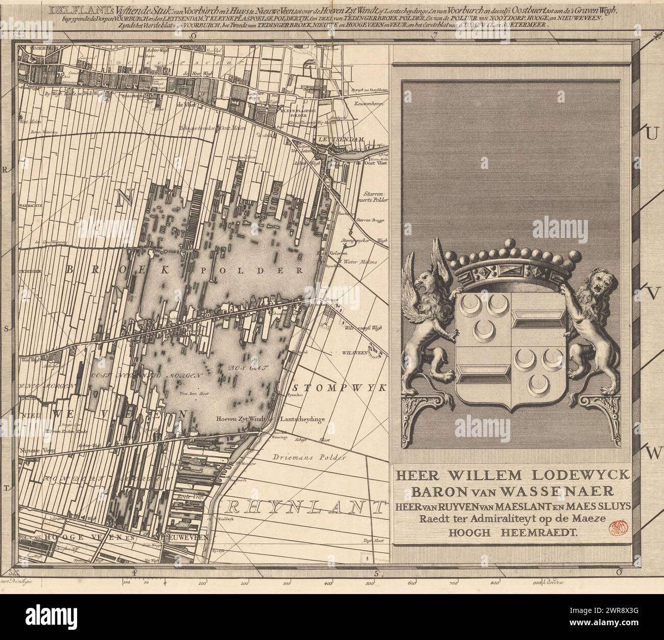 Mappa della Hoogheemraadschap van Delfland (quindicesima parte), T Hooge Heemraedschap van Delflant con tutte le città, villaggi, artigianato, campi, polder, blocchi, borghi, quartieri, fattorie, case, frutteti, tuynen, campi, luyzen, vaerten, vlieten, spiagge, dune, dighe, banchine, mulini, ponti, laghi, dobbens, corsi d'acqua, ecc. situato lì, mappato a piedi, ao: MDCCXII, 'T Hooge Heemraedschap van Delflant, quindicesima parte di una mappa del Delfland Water Board composta da venticinque da condividere., stampatore: Luggert van Anse, stampatore: Thomas Doesburgh Foto Stock