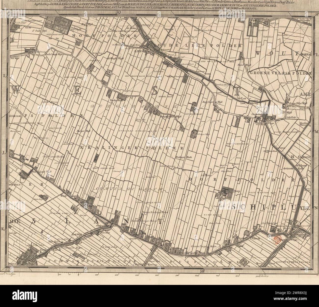Mappa del Delfland Water Board (dodicesima parte), T Hooge Heemraedschap di Delflant con tutte le città, i villaggi, l'artigianato, i litorali, i polder, blocchi, borghi, quartieri, fattorie, case, frutteti, tuynen, campi, luyzen, vaerten, vlieten, spiagge, dune, dighe, banchine, mulini, ponti, laghi, dobbens, corsi d'acqua, ecc. situato lì, mappato a piedi, ao: MDCCXII, 'T Hooge Heemraedschap van Delflant, dodicesima parte di una mappa del Delfland Water Board composta da venticinque da condividere., stampatore: Luggert van Anse, stampatore: Thomas Doesburgh, stampatore: Jacobus Deur, Delft Foto Stock