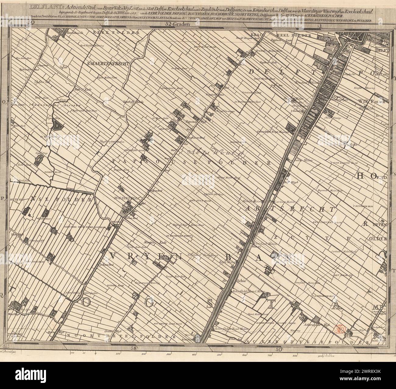 Mappa della Hoogheemraadschap van Delfland (diciottesima parte), T Hooge Heemraedschap van Delflant con tutte le città, villaggi, artigianato, campi, polder, blocchi, borghi, quartieri, fattorie, case, frutteti, tuynen, campi, luyzen, vaerten, vlieten, spiagge, dune, dighe, banchine, mulini, ponti, laghi, dobbens, corsi d'acqua, ecc. situato lì, mappato a piedi, ao: MDCCXII, 'T Hooge Heemraedschap van Delflant, diciottesima parte di una mappa del Delfland Water Board composta da venticinque da condividere., stampatore: Luggert van Anse, stampatore: Thomas Doesburgh Foto Stock