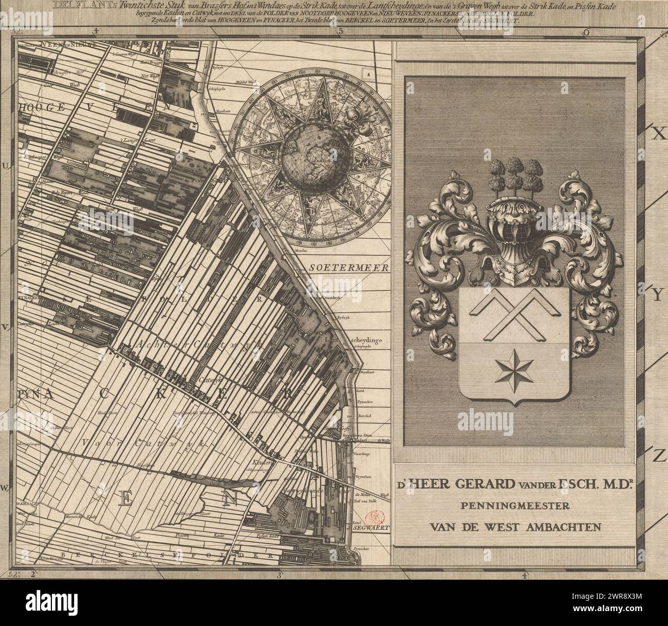 Mappa del Delfland Water Board (ventesima parte), T Hooge Heemraedschap di Delflant con tutte le città, villaggi, artigianato, campi, polder, blocchi, borghi, quartieri, fattorie, case, frutteti, tuynen, campi, luyzen, corsi d'acqua, vlieten, spiagge, dune, dighe, banchine, mulini, ponti, laghi, dobbens, corsi d'acqua, etc. situato lì, mappato a piedi, ao: MDCCXII, 'T Hooge Heemraedschap van Delflant, ventesima parte di una mappa del Delfland Water Board composta da venticinque da condividere., stampatore: Luggert van Anse, stampatore : Thomas Doesburgh, stampatore: Jacobus Deur Foto Stock