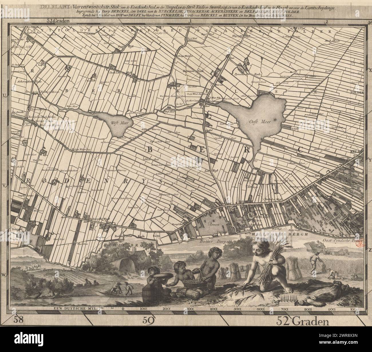 Mappa della Hoogheemraadschap van Delfland (ventiquattresima parte), T Hooge Heemraedschap van Delflant con tutte le città, villaggi, artigianato, campi, polder, blocchi, borghi, quartieri, fattorie, case, frutteti, tuynen, campi, luyzen, vaerten, vlieten, spiagge, dune, dighe, banchine, mulini, ponti, laghi, dobbens, corsi d'acqua, etc. situato lì, mappato a piedi, ao: MDCCXII, 'T Hooge Heemraedschap van Delflant, ventiquattresima parte di una mappa del Delfland Water Board composta da venticinque da condividere., stampatore: Luggert van Anse, stampatore: Thomas Doesburgh Foto Stock