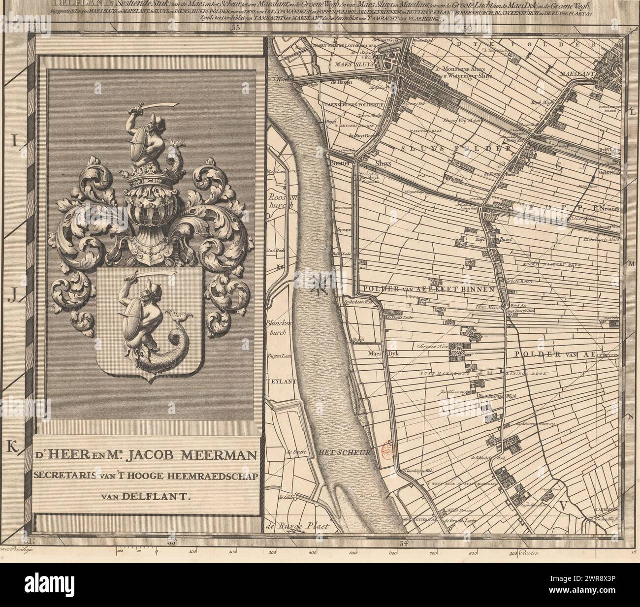 Mappa della Hoogheemraadschap van Delfland (sedicesima parte), T Hooge Heemraedschap van Delflant con tutte le città, villaggi, artigianato, campi, polder, blocchi, borghi, quartieri, fattorie, case, frutteti, tuynen, campi, luyzen, vaerten, vlieten, spiagge, dune, dighe, banchine, mulini, ponti, laghi, dobbens, corsi d'acqua, ecc. situato lì, mappato a piedi, ao: MDCCXII, 'T Hooge Heemraedschap van Delflant, sedicesima parte di una mappa del Delfland Water Board composta da venticinque da condividere., stampatore: Luggert van Anse, stampatore: Thomas Doesburgh Foto Stock