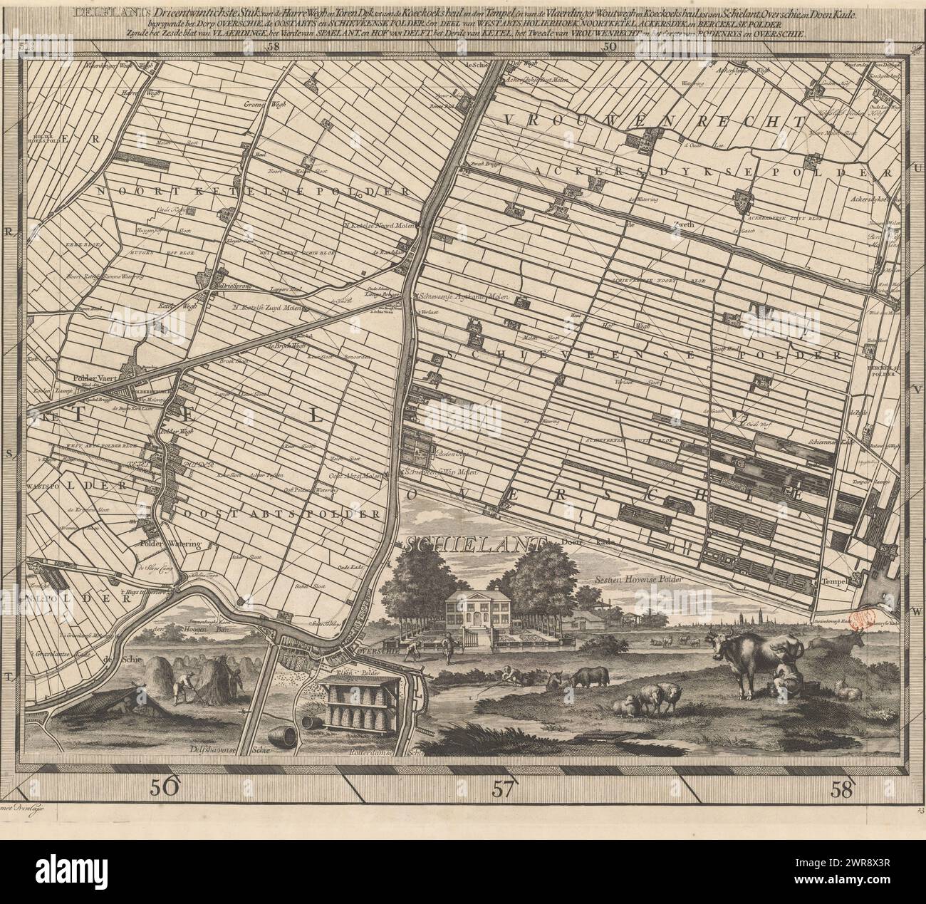 Mappa del Delfland Water Board (ventitreesima parte), T Hooge Heemraedschap di Delflant con tutte le città, i villaggi, l'artigianato, i confini, i polder, blocchi, borghi, quartieri, fattorie, case, frutteti, tuynen, campi, luyzen, vaerten, vlieten, spiagge, dune, dighe, banchine, mulini, ponti, laghi, dobbens, corsi d'acqua, etc. situato lì, mappato a piedi, ao: MDCCXII, 'T Hooge Heemraedschap van Delflant, ventitreesima parte di una mappa del Delfland Water Board composta da venticinque da condividere., stampatore: Luggert van Anse, stampatore : Thomas Doesburgh Foto Stock