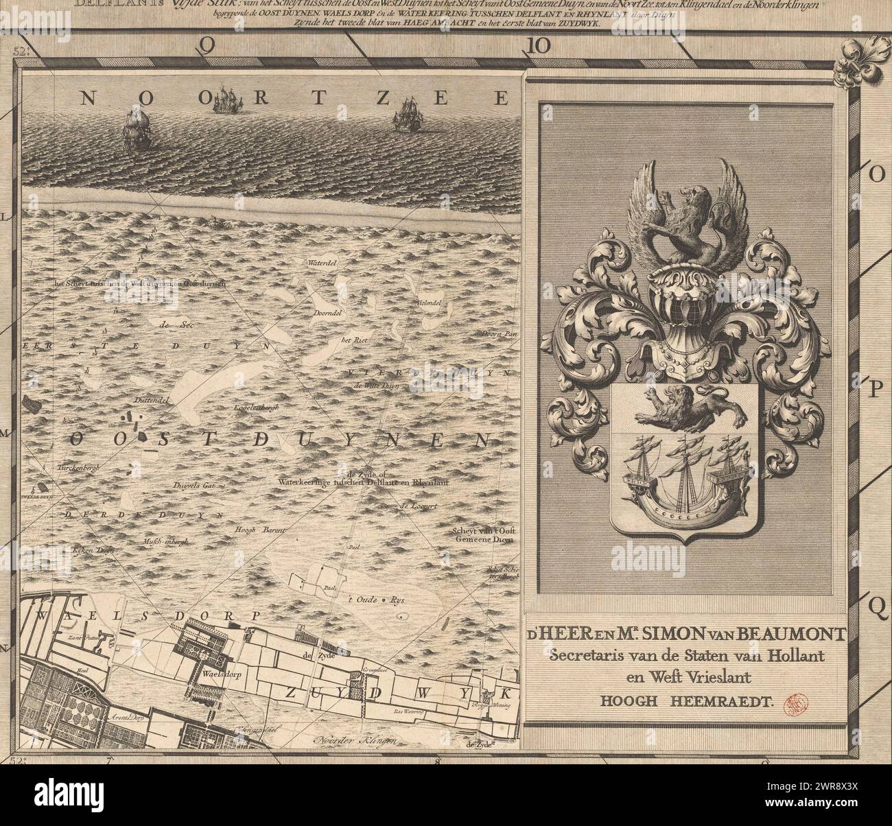 Mappa del Delfland Water Board (quinta parte), T Hooge Heemraedschap di Delflant con tutte le città, villaggi, artigianato, campi, polder, blocchi, borghi, quartieri, fattorie, case, frutteti, tuynen, campi, luyzen, corsi d'acqua, vlieten, spiagge, dune, dighe, banchine, mulini, ponti, laghi, dobbens, corsi d'acqua, etc. situato lì, mappato a piedi, ao: MDCCXII, 'T Hooge Heemraedschap van Delflant, quinta parte di una mappa del Delfland Water Board composta da venticinque da condividere., stampatore: Luggert van Anse, stampatore: Thomas Doesburgh, stampatore: Jacobus Deur Foto Stock
