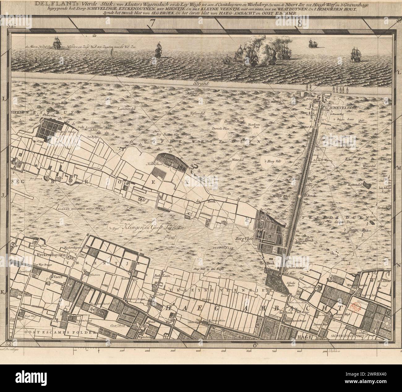 Mappa della Hoogheemraadschap van Delfland (quarta parte), T Hooge Heemraedschap van Delflant con tutte le città, villaggi, artigianato, campi, polder, blocchi, borghi, quartieri, fattorie, case, frutteti, tuynen, campi, luyzen, vaerten, vlieten, spiagge, dune, dighe, banchine, mulini, ponti, laghi, dobbens, corsi d'acqua, etc. situato lì, mappato a piedi, ao: MDCCXII, 'T Hooge Heemraedschap van Delflant, quarta parte di una mappa del Delfland Water Board composta da venticinque da condividere., stampatore: Luggert van Anse, stampatore : Thomas Doesburgh, stampatore: Jacobus Deur Foto Stock