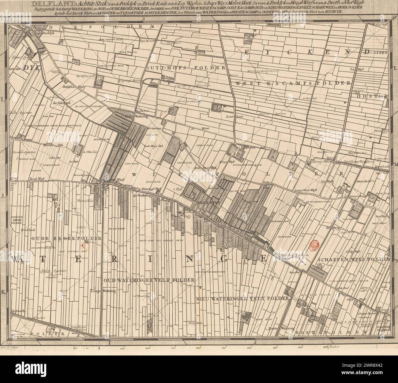 Mappa del Delfland Water Board (ottava parte), T Hooge Heemraedschap di Delflant con tutte le città, villaggi, artigianato, campi, polder, blocchi, borghi, quartieri, fattorie, case, frutteti, tuynen, campi, luyzen, corsi d'acqua, vlieten, spiagge, dune, dighe, banchine, mulini, ponti, laghi, dobbens, corsi d'acqua, ecc. situato lì, mappato a piedi, ao: MDCCXII, 'T Hooge Heemraedschap van Delflant, ottava parte di una mappa del Delfland Water Board composta da venticinque da condividere., stampatore: Luggert van Anse, stampatore: Thomas Doesburgh, stampatore: Jacobus Deur, Delft Foto Stock