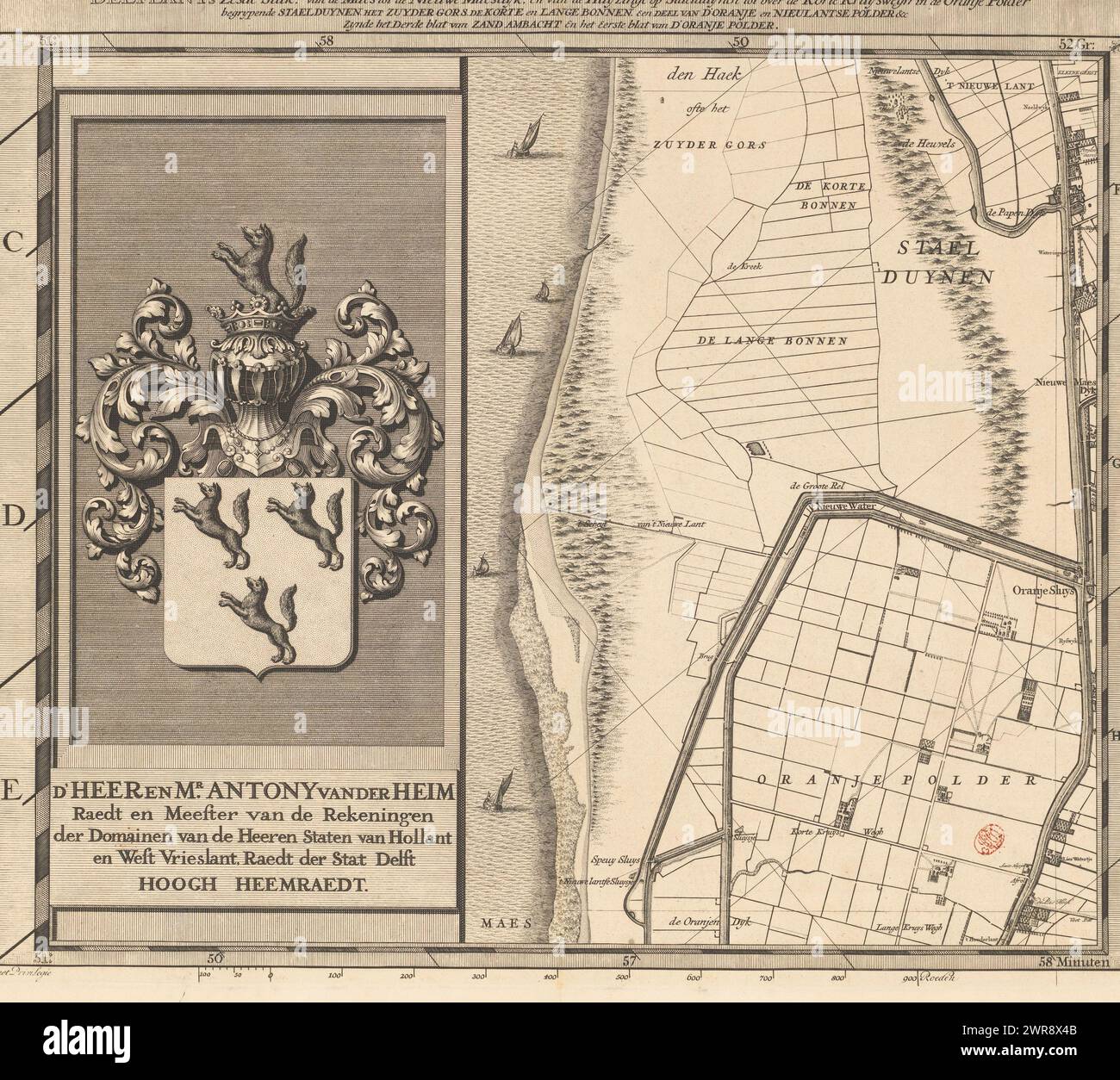 Mappa del Delfland Water Board (sesta parte), T Hooge Heemraedschap di Delflant con tutte le città, villaggi, artigianato, campi, polder, blocchi, borghi, quartieri, fattorie, case, frutteti, tuynen, campi, luyzen, corsi d'acqua, vlieten, spiagge, dune, dighe, banchine, mulini, ponti, laghi, dobbens, corsi d'acqua, ecc. situato lì, mappato a piedi in conformità con: MDCCXII, 'T Hooge Heemraedschap van Delflant, sesta parte di una mappa del Delfland Water Board composta da venticinque da condividere., stampatore: Luggert van Anse, stampatore: Thomas Doesburgh Foto Stock