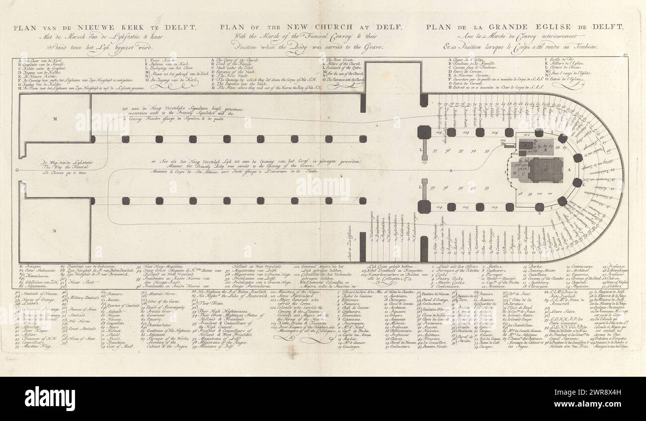 Stazione funebre di Guglielmo IV, 1752, targa 40, piano della nuova Chiesa a Delft, con la marcia della Lykstation & ITS Stand quando il Lyk fu sepolto (titolo sull'oggetto), Lyk-staetsie di sua altezza Serenissima il Lord Willem Carel Hendrik Friso, Principe di Orange e Nassau (...) Tenuto il 4 febbraio 1752 (titolo della serie), Plan of the Nieuwe Kerk a Delft. Sul margine c'è una didascalia in olandese, francese e inglese con una panoramica dei luoghi in cui tutti gli ospiti hanno preso posto. La stampa fa parte di un album., stampatore: Jan Punt, ( attribuito a) Foto Stock