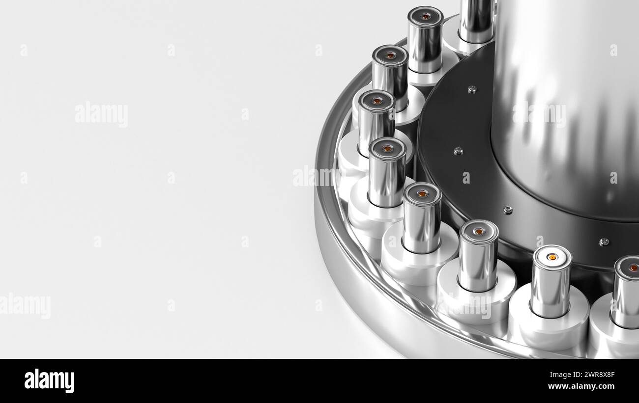 Nuova produzione di batterie agli ioni di litio Tesla 4680, accumulatori cilindrici ad alta energia, linea di produzione di massa, potenza ed energia per veicoli elettrici, adv Foto Stock