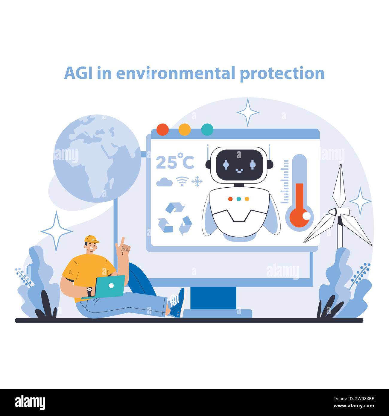 Concetto AGI. L'INTELLIGENZA ARTIFICIALE come catalizzatore per la protezione ambientale. Sfruttare la tecnologia per una gestione sostenibile della terra. Illustrazione vettoriale piatta. Illustrazione Vettoriale