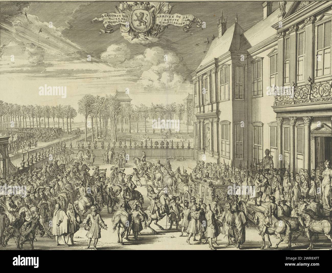 Arrivo di Willem III al Palazzo Honselaarsdijk, 1691, arrivo di S.K. Major op Honslerdyk / Arrivée de sa Majesté a Honslerdyk (titolo sull'oggetto), arrivo di Stadtholder-re Guglielmo III al Palazzo Honselaarsdijk, febbraio 1691. Soldati e carrozze di fronte al palazzo. Il re viene accolto nel palazzo., stampatore: Romeyn de Hooghe, Paesi Bassi del Nord, 1691, carta, incisione, altezza 337 mm x larghezza 447 mm, stampa Foto Stock