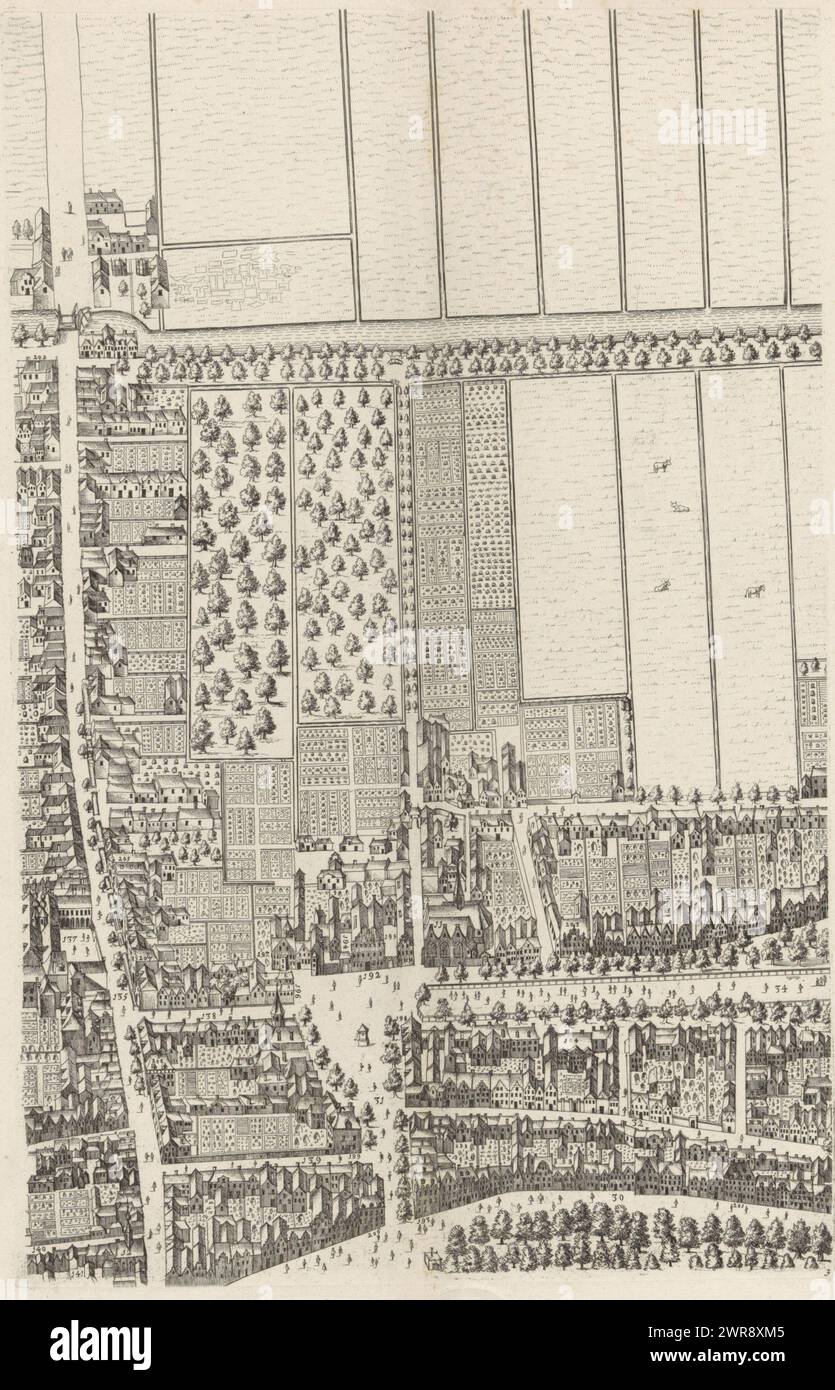 Mappa dell'Aia (terza parte), Mappa della mappa figurativa dell'Aia (terza parte), terza parte della mappa dell'Aia. Numerato in basso a destra: 3., stampatore: Cornelis Elandts, editore: Nicolaes Visscher (II), Cornelis Elandts, stampatore: L'Aia, editore: Amsterdam, l'Aia, Amsterdam, 1665 - 1667 e/o 1681 - 1682, carta, incisione, altezza c. 548 mm x larghezza c. 651 mm, stampa Foto Stock