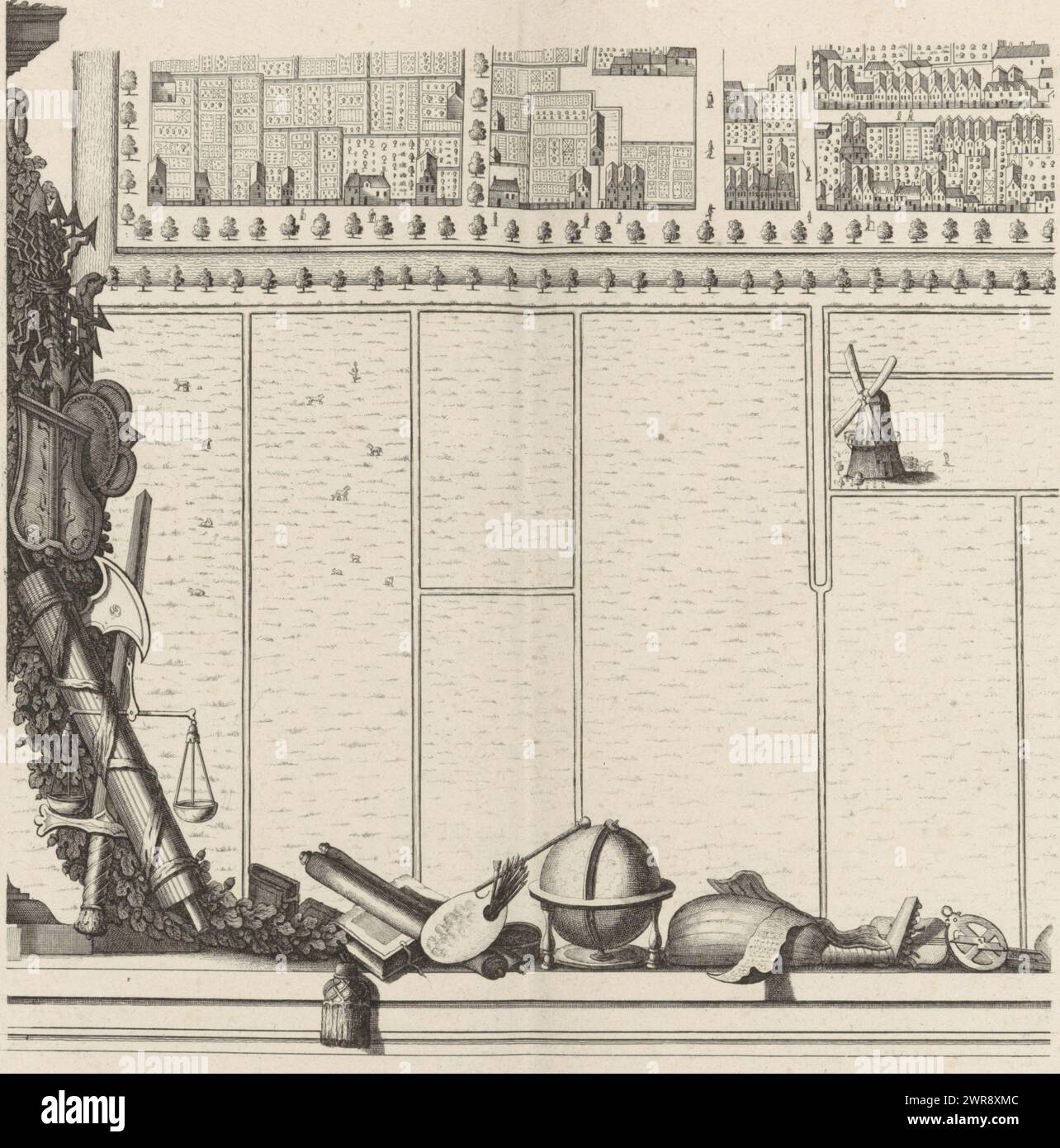 Mappa dell’Aia (decima parte), piano della mappa figurativa dell’Aia (decima parte), decima parte della mappa dell’Aia. Lungo la sinistra e il basso una ghirlanda di foglie, armi e oggetti che si riferiscono alle belle arti Numerato in basso a destra: 10., stampatore: Cornelis Elandts, editore: Nicolaes Visscher (II), Cornelis Elandts, stampatore: L'Aia, editore: Amsterdam, l'Aia, Amsterdam, 1665 - 1667 e/o 1681 - 1682, carta, incisione, altezza c. 548 mm x larghezza c. 651 mm, stampa Foto Stock