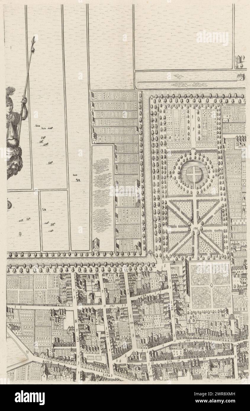 Mappa dell'Aia (seconda parte), Mappa della mappa figurativa dell'Aia (seconda parte), seconda parte della mappa dell'Aia. In alto ha lasciato una personificazione femminile con una lancia e un casco. Numerato in basso a destra: 2., stampatore: Cornelis Elandts, editore: Nicolaes Visscher (II), Cornelis Elandts, stampatore: L'Aia, editore: Amsterdam, l'Aia, Amsterdam, 1665 - 1667 e/o 1681 - 1682, carta, incisione, altezza c. 548 mm x larghezza c. 651 mm, stampa Foto Stock